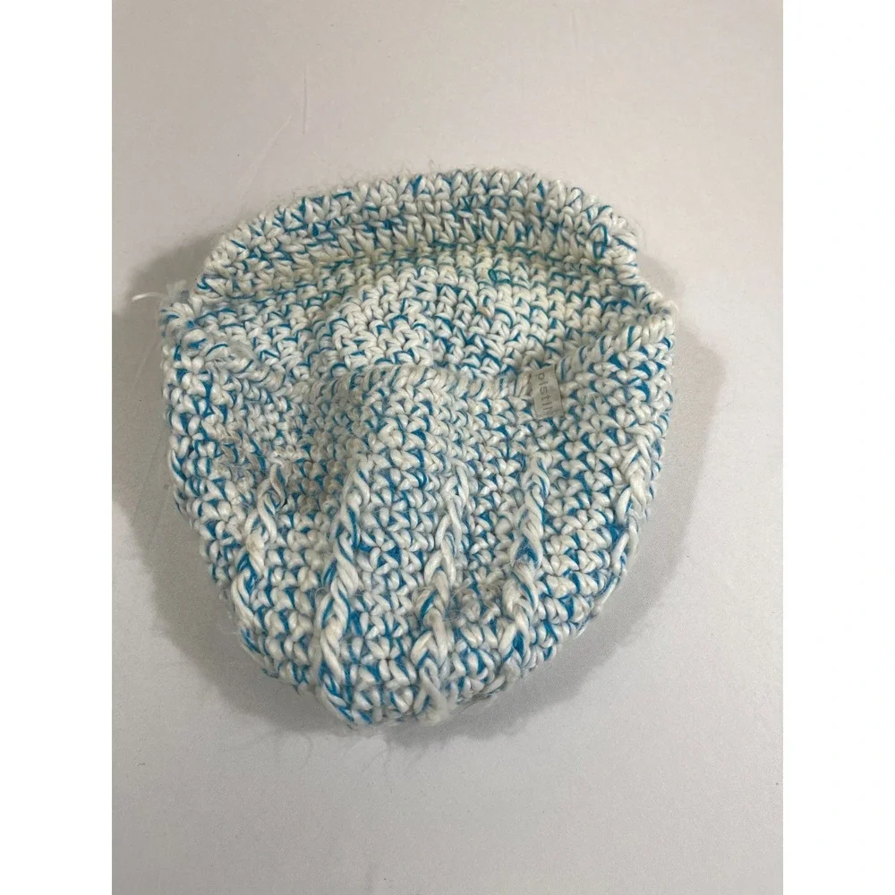 Pistil Blue White Chunky Knit Beanie Hat Button Brim Boho Winter Aesthetic
